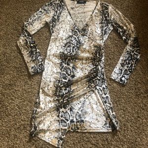 Akira long sleeve party dress. Multi-colored snake-printed velvet